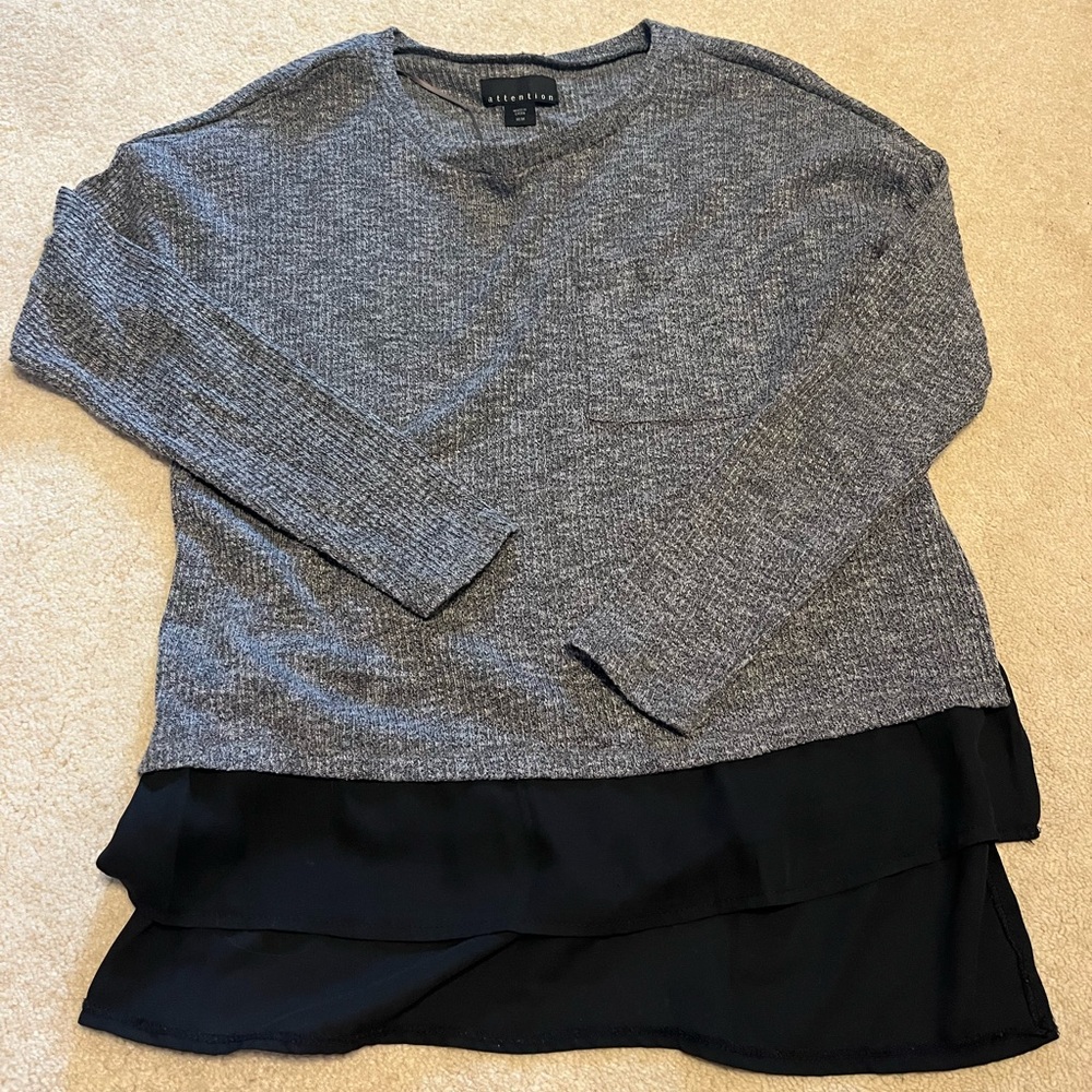 Gray Sweater Top with Chiffon-like trim